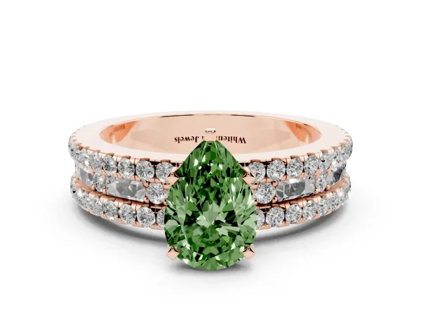 Fancy Green Pear Cut Diamond Solitaire Ring with Pavé and Channel Set Band Rose gold