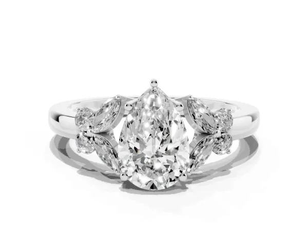 Pear Cut Cut Solitaire Floral Diamond Ring with Four-Prong Setting Platinum