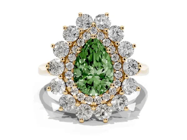 Fancy Green Pear Cut Diamond Floral Double Halo Engagement Ring with Prong Setting Yellow gold
