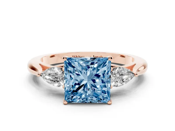 Fancy Blue Three-Stone Princess Cut Brilliant Diamond Solitaire Ring with Tapered Band and Four-Prong Setting Rose gold