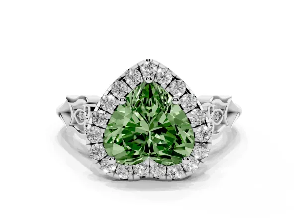Fancy Green Heart Cut Halo Diamond Engagement Ring with Filigree Band and Four-Prong Setting Platinum