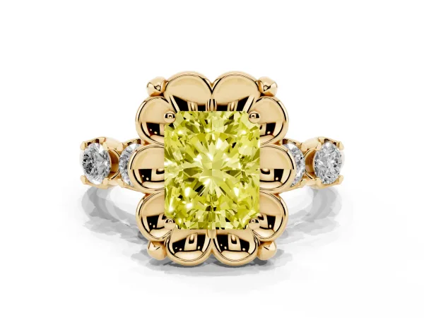 Fancy Yellow Radiant Cut Cut Diamond Floral Halo Engagement Ring with Shared Prong Setting Yellow gold
