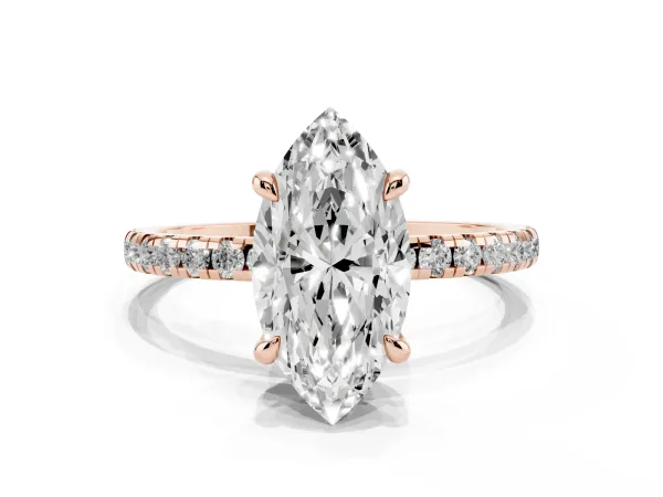 Marquise Cut Diamond Brilliant Solitaire Ring with Pavé Band and Four-Prong Setting Rose gold