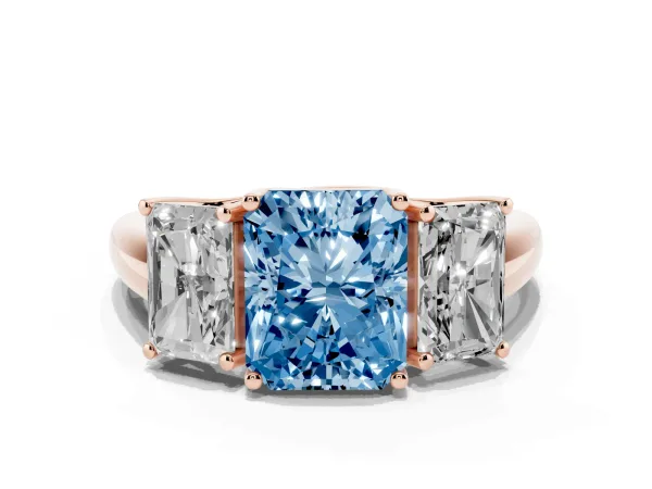 Fancy Blue Three-Stone Radiant Cut Diamond Engagement Ring with Prong Setting Rose gold