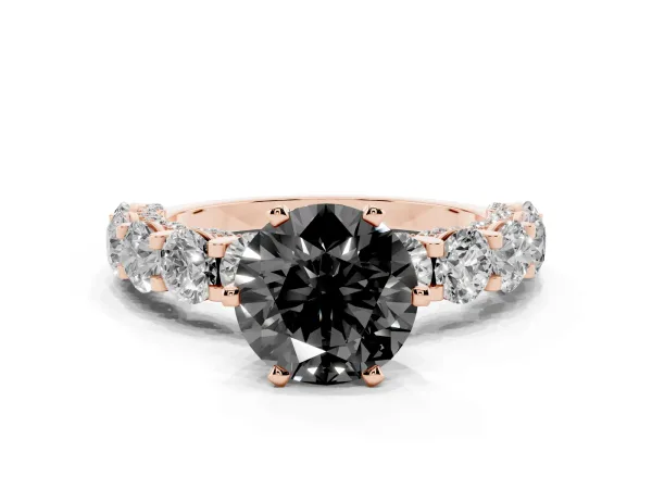 Fancy Black Round Cut Diamond Side Stone Engagement Ring with Four-Prong Setting Rose gold