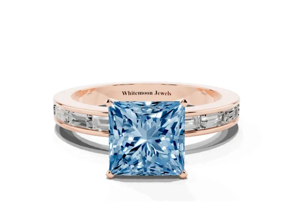 Fancy Blue Princess Cut Solitaire Diamond Ring with Channel-Set Baguette Band and Four-Prong Setting Rose gold