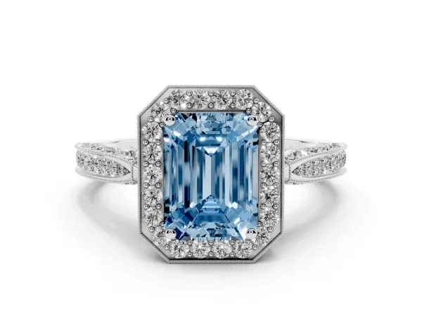 Fancy Blue Emerald Cut Halo Diamond Engagement Ring with Split Shank Band and Four-Prong Setting Platinum