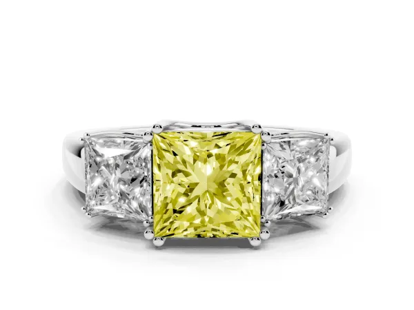 Fancy Yellow Three-Stone Princess Cut Cut Diamond Ring with Channel Set Band and Four-Prong Setting Platinum