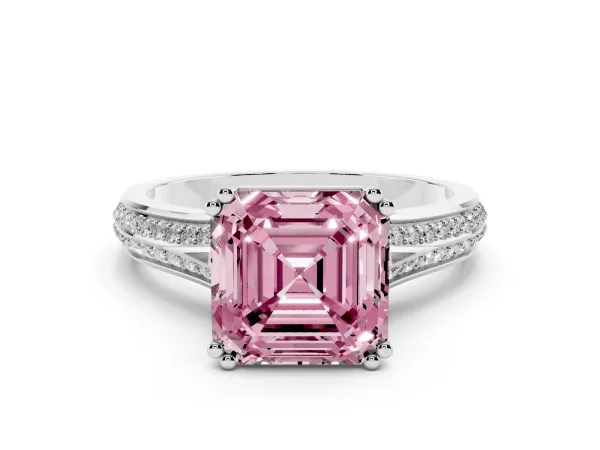 Fancy Pink Asscher Cut Diamond Split Shank Engagement Ring with Pavé Band Platinum
