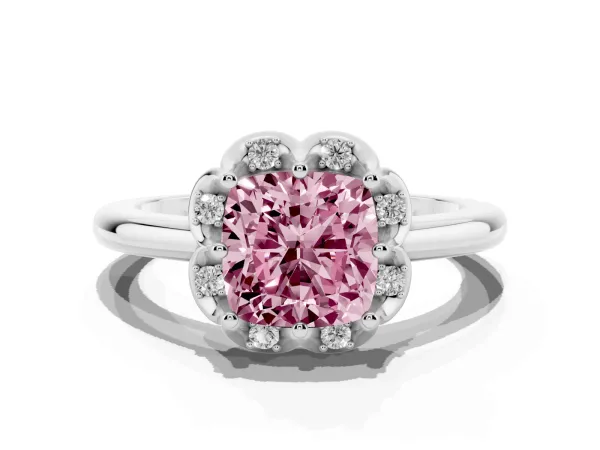 Fancy Pink Cushion Cut Halo Diamond Ring with Round Cluster Setting, Solitaire Band, and Four-Prong Setting White gold