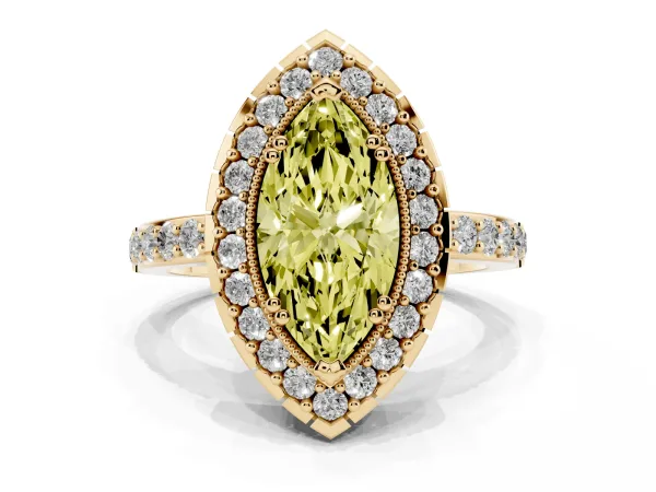 Fancy Yellow Marquise Cut Diamond Halo Ring with Pavé Band and Prong Setting Yellow gold