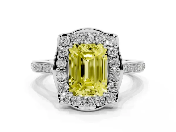 Fancy Yellow Emerald Cut Halo Round Diamond Pave Band with Four-Prong Setting Platinum