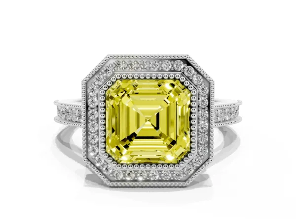 Fancy Yellow Halo Asscher Cut-Cut Diamond Pave Band Milgrain Prong Setting Ring Platinum