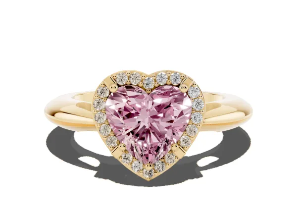 Fancy Pink Heart Cut Cut Diamond Halo Engagement Ring with Split Shank and Four-Prong Setting Yellow gold