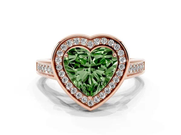 Fancy Green Heart Cut Halo Solitaire Diamond Ring with Pave Band and Bezel Setting Rose gold