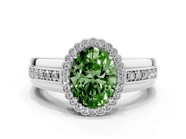 Fancy Green Oval Cut Cut Halo Pave Band Four-Prong Ring Platinum
