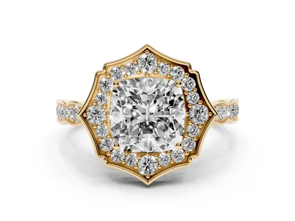 Cushion Cut Halo Diamond Engagement Ring with Milgrain Band and Four-Prong Setting Yellow gold