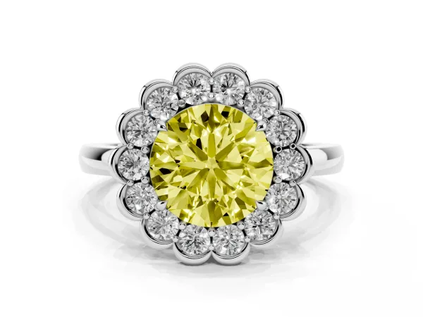 Fancy Yellow Round Cut Halo Cluster Diamond Engagement Ring with Solitaire Band and Prong Setting White gold