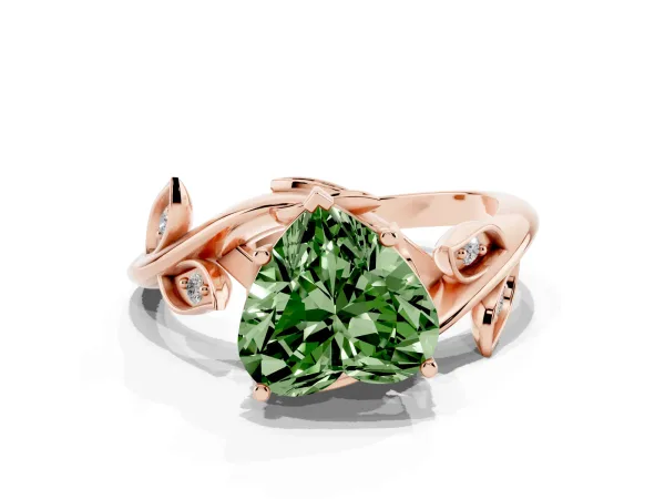 Fancy Green Heart Cut Solitaire Twist Engagement Ring with Leaf Accents and Prong Setting Rose gold