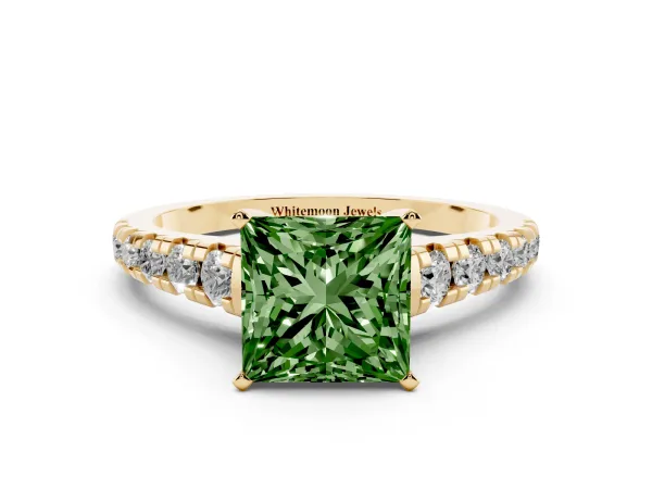 Fancy Green Princess Cut Diamond Cathedral Solitaire Ring with Round Pavé Band Yellow gold