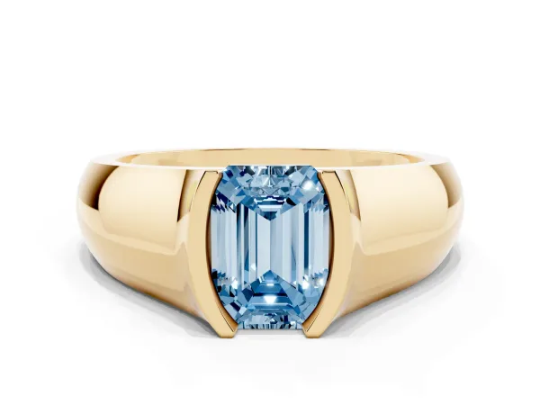Fancy Blue Emerald Cut Solitaire Bezel Set Diamond Ring with Wide Band Yellow gold