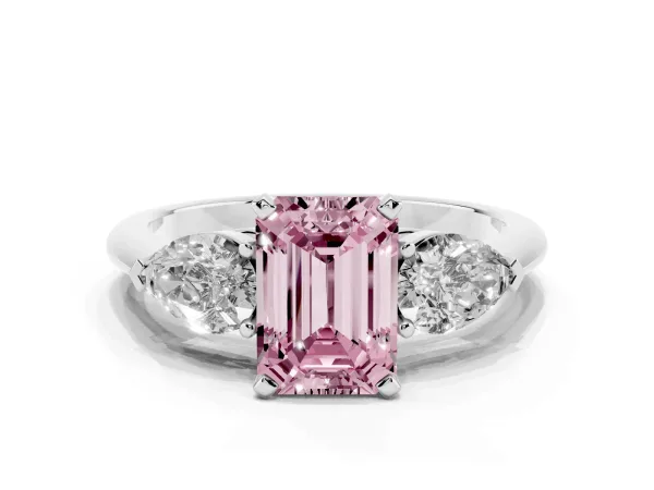 Fancy Pink Three-Stone Emerald Cut Diamond Ring with Pear Side Stones and Four-Prong Setting White gold