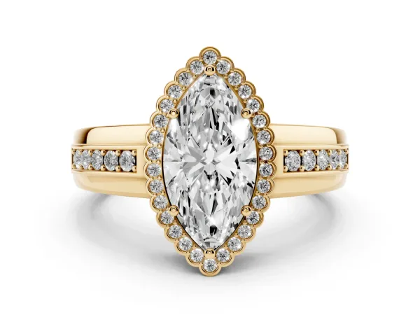 Marquise Cut Cut Halo Pave Band Four-Prong Ring Yellow gold
