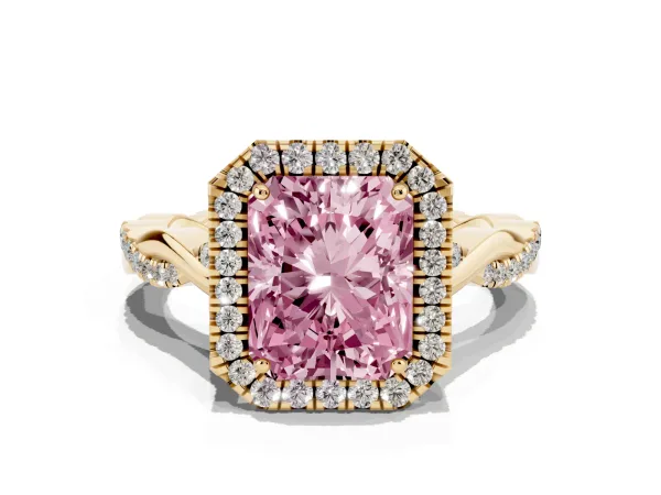Fancy Pink Radiant Cut Halo Twist Band Solitaire Ring Yellow gold