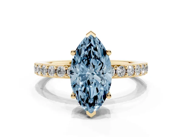 Fancy Blue Marquise Cut Cut Diamond Solitaire with Pave Band and Four-Prong Setting Yellow gold