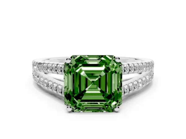 Fancy Green Asscher Cut Diamond Solitaire Engagement Ring with Split Shank Pavé Band White gold