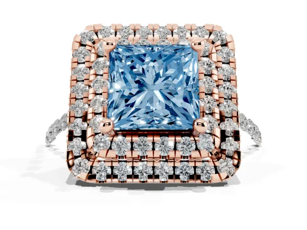 Fancy Blue Double Halo Princess Cut Diamond Pavé Band with Four-Prong Setting Rose gold