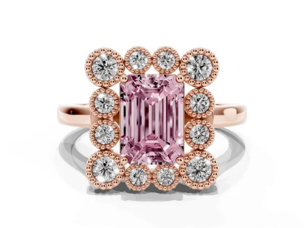Fancy Pink Emerald Cut Halo Diamond Cluster Engagement Ring with Milgrain Bezel Setting and Solitaire Band Rose gold