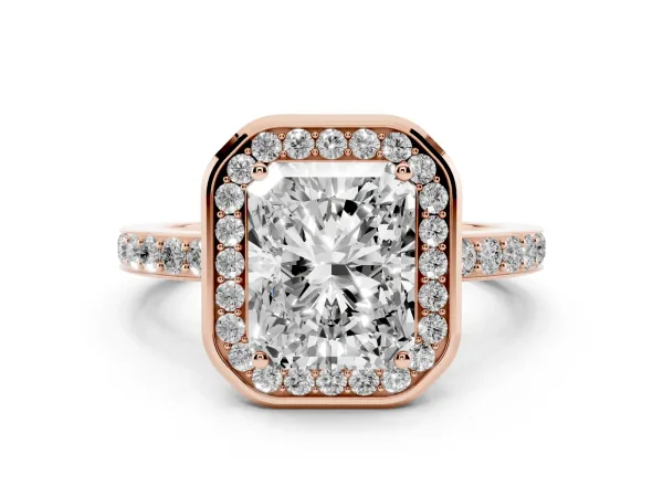 Radiant Cut Diamond Halo Ring with Bezel Frame and Pavé Band Rose gold
