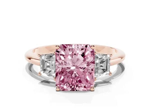 Fancy Pink Radiant Cut Diamond Three-Stone Ring with Trapezoid Side Stones and Prong Setting Rose gold