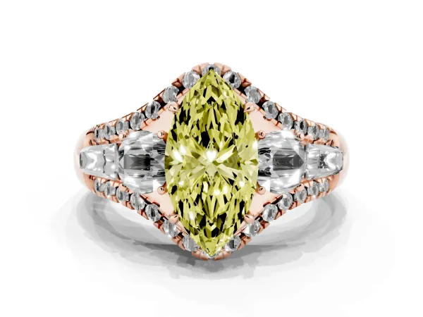 Fancy Yellow Three-Stone Marquise Cut Diamond Engagement Ring with Pave Band and Prong Setting Rose gold
