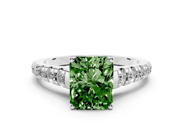 Fancy Green Radiant Cut Diamond Cathedral Solitaire Ring with Round Pavé Band Platinum