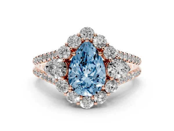 Fancy Blue Pear Cut Halo Split Shank Diamond Engagement Ring with Prong Setting Rose gold
