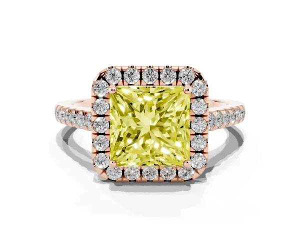 Fancy Yellow Princess Cut Halo Pave Diamond Engagement Ring with Four-Prong Setting Rose gold
