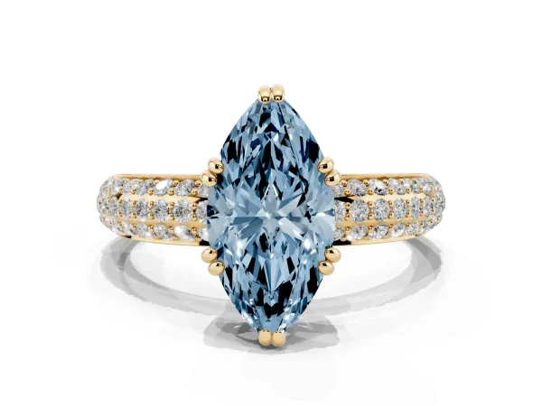 Fancy Blue Marquise Cut Diamond Solitaire Ring with Multi-Row Round Pavé Band and Prong Setting Yellow gold