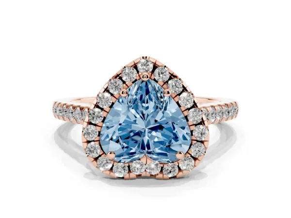 Fancy Blue Heart Cut Halo Pavé Diamond Engagement Ring with Four-Prong Setting Rose gold