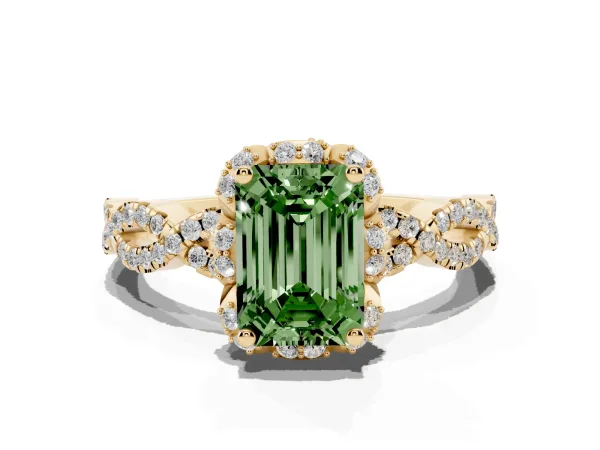 Fancy Green Emerald Cut Halo Twist Band Solitaire Ring with Six-Prong Setting Yellow gold