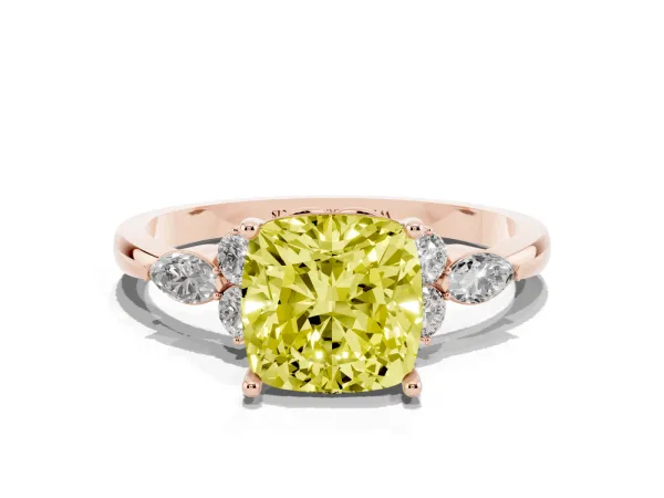 Fancy Yellow Cushion Cut Brilliant Diamond Solitaire Ring with Pear Side Stones and Four-Prong Setting Rose gold