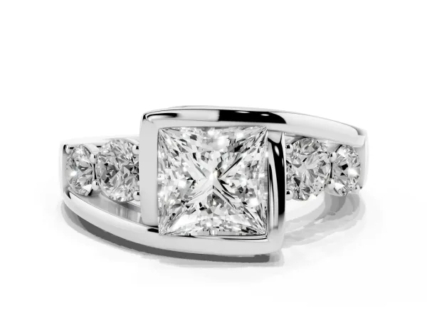 Bezel Set Princess Cut Diamond Bypass Ring with Round Accents Platinum