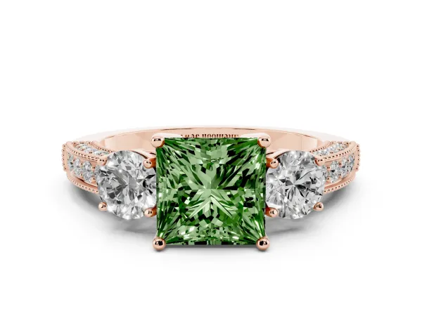 Fancy Green Princess Cut Three-Stone Diamond Ring with Pavé Band and Four-Prong Setting Rose gold