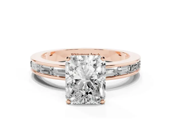 Radiant Cut Solitaire Diamond Ring with Channel-Set Baguette Band and Four-Prong Setting Rose gold
