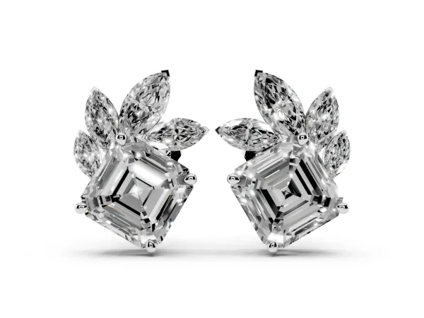 Asscher and Marquise Diamond Cluster Stud Earrings Platinum