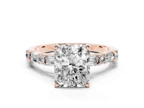 Radiant Cut Diamond Solitaire with Side Baguettes and Channel Set Band Rose gold