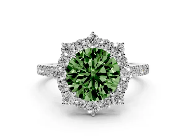 Fancy Green Round Cut Halo Diamond Ring with Pavé Band and Prong Setting Platinum