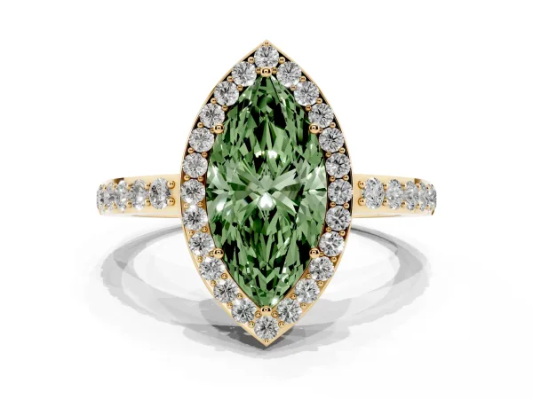 Fancy Green Marquise Cut Halo Diamond Pavé Band Ring with Prong Setting Yellow gold
