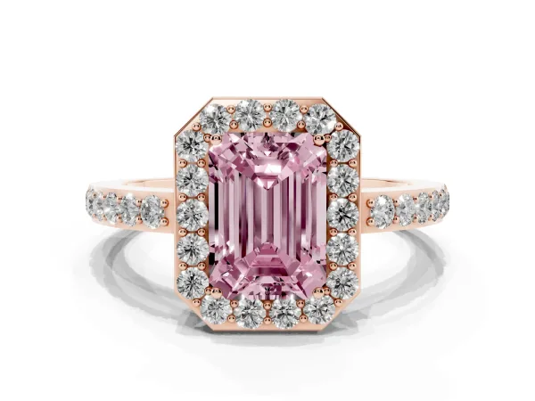 Fancy Pink Emerald Cut Halo Diamond Pavé Band Ring with Prong Setting Rose gold